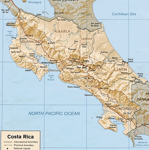 Costa Rica, with Puerto Limon visible on the Carribbean Coast. Puerto Moin is nearby.