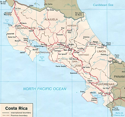 Costa Rica: carreteras y poblaciones