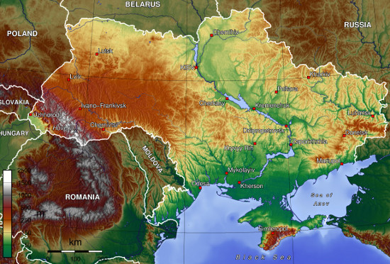 Commons Wikimedia: Mapa físico de Ucrania.