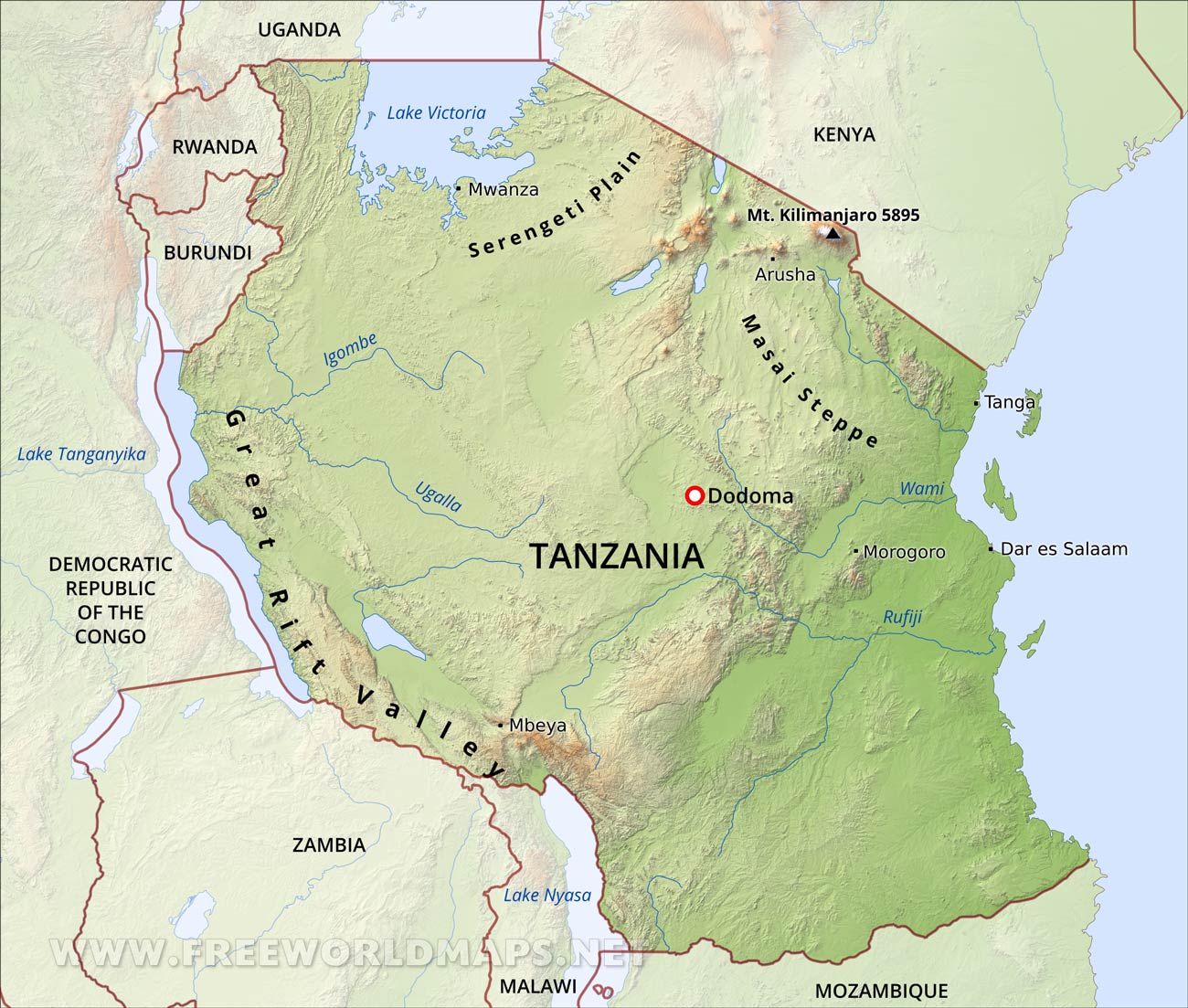 Tanzania Relieve E Hidrograf A La Gu A De Geograf A   Tanzania Physical Map 